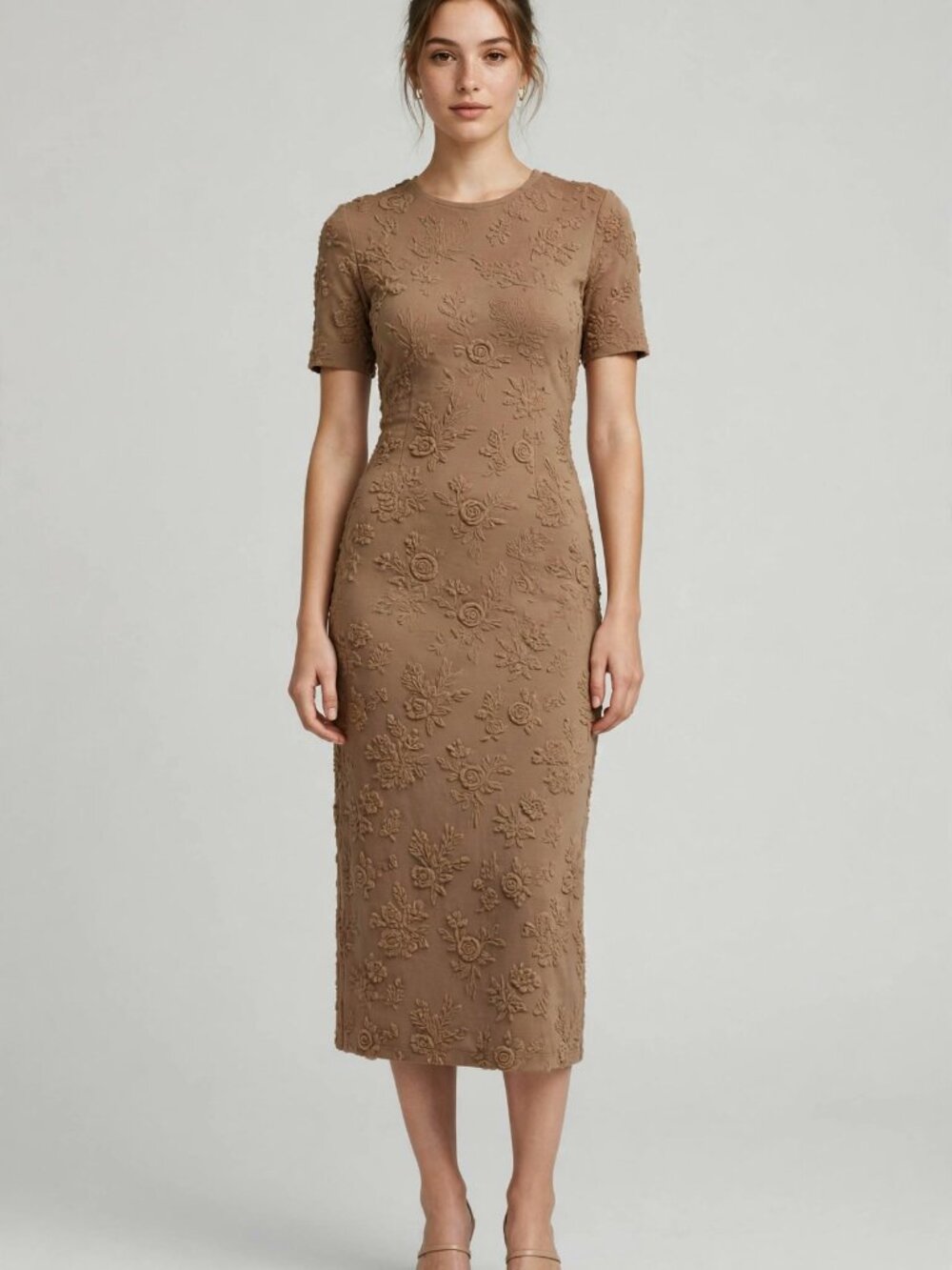 Mocha Floral Jacquard Short Sleeve Midi Dress — S